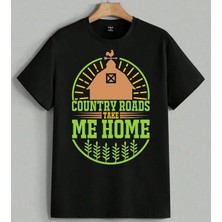 Country Roads Ciftlik Evi Baskılı Unisex Erkek Kadın Oversize Tişört Siyah