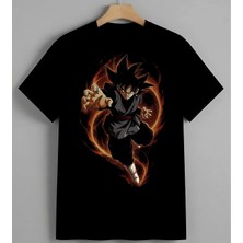 Ates Karakteri Anime Savasci Baskılı Unisex Erkek Kadın Oversize Tişört Siyah
