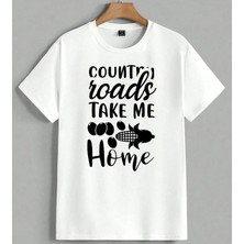 Country Roads Ev Dekorasyonu Unisex Oversize Tişört Beyaz