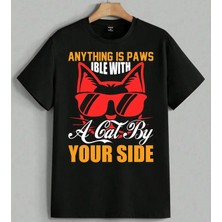 Anything Is Paws Kedi Gozluk Baskılı Unisex Erkek Kadın Oversize Tişört Siyah
