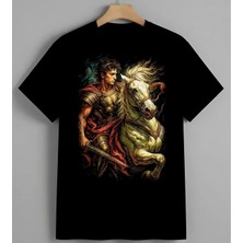 Savas Savasi Altin At Kral Baskılı Unisex Erkek Kadın Oversize Tişört Siyah