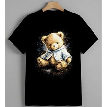 Ayicik Kitap Suluboya Sanat Syh Unisex Erkek Kadın Oversize Tişört Siyah