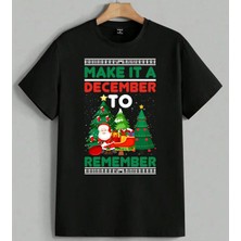 Aralik Noel Noel Baba Kutlama Baskılı Unisex Erkek Kadın Oversize Tişört Siyah