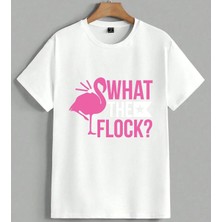 Flamingo What Flock Pembe Yazi Unisex Oversize Tişört Beyaz
