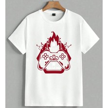 Oyun Kontrol Ates Efekti Gamer Unisex Oversize Tişört Beyaz
