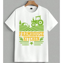 Farmhouse Kitchen Traktor Unisex Oversize Tişört Beyaz