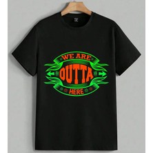 We Are Outta Here Yesil Baskılı Unisex Erkek Kadın Oversize Tişört Siyah