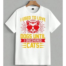Kedi Gozluk Komik Yazi Kirmizi Unisex Oversize Tişört Beyaz