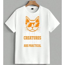 Kedi Gozluk Turuncu Unisex Oversize Tişört Beyaz