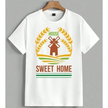 House Sweet Home Degirmen Logo Unisex Oversize Tişört Beyaz