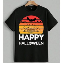 Halloween Bat Gunes Batisi Baskılı Unisex Erkek Kadın Oversize Tişört Siyah
