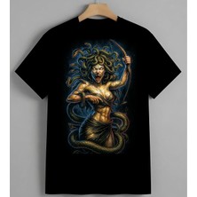 Medusa Mitoloji Yilan Sac Unisex Erkek Kadın Oversize Tişört Siyah