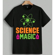 Science Magic Atom Ilustrasyon Baskılı Unisex Erkek Kadın Oversize Tişört Siyah