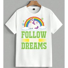 Unicorn Ruyalari Takip Goksek Unisex Oversize Tişört Beyaz