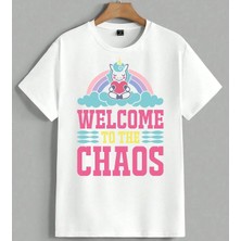 Welcome Chaos Unicorn Kalp Unisex Oversize Tişört Beyaz