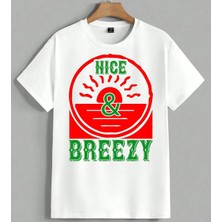 Nice Breeze Gunus Logo Kirmizi Unisex Oversize Tişört Beyaz