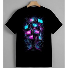 Neon Bilgisayar Retro Unisex Erkek Kadın Oversize Tişört Siyah