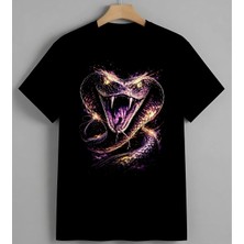 Yilan Ilustrasyon Renkli Sanat Unisex Erkek Kadın Oversize Tişört Siyah