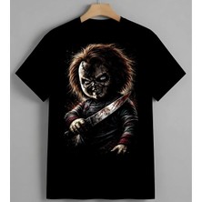 Chucky Korku Oyuncak Saldirgan Syh Unisex Erkek Kadın Oversize Tişört Siyah
