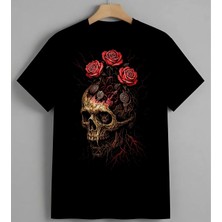 Kuru Kafa Kirmizi Gul Sanat Unisex Erkek Kadın Oversize Tişört Siyah