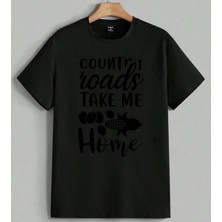 Country Roads Ev Dekorasyonu Baskılı Unisex Erkek Kadın Oversize Tişört Siyah