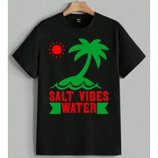 Salty Vibes Water Yaz Plaj Baskılı Unisex Erkek Kadın Oversize Tişört Siyah