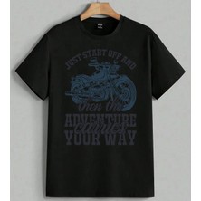 Motosiklet Macera Harley Stil Baskılı Unisex Erkek Kadın Oversize Tişört Siyah