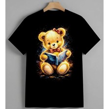 Kiz Ayi Kitap Okuma Sulu Boya Unisex Erkek Kadın Oversize Tişört Siyah