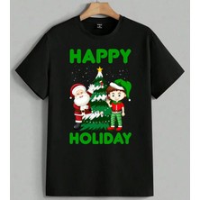 Mutlu Noeller Noel Baba Cocuk Baskılı Unisex Erkek Kadın Oversize Tişört Siyah