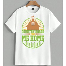 Country Roads Ciftlik Evi Unisex Oversize Tişört Beyaz