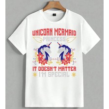 Unicorn Mermaid Prenses Unisex Oversize Tişört Beyaz