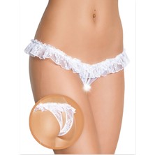 Tegan Mor Gece Fantezi Üstü Fırfırlı Ağı Açık Beyaz Dantel Tanga String