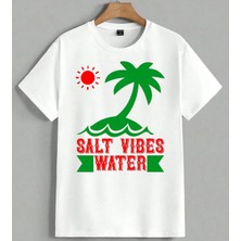 Salty Vibes Water Yaz Plaj Unisex Oversize Tişört Beyaz