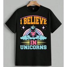 Inanc Unicorn Gokkkusagi Sihir Baskılı Unisex Erkek Kadın Oversize Tişört Siyah