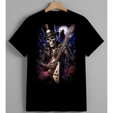 Iskelet Gitar Metal Muzik Syh Unisex Erkek Kadın Oversize Tişört Siyah