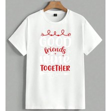 Friends Together Kizil Baski Unisex Oversize Tişört Beyaz