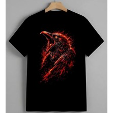 Kirmizi Kartal Suyarasi Art Unisex Erkek Kadın Oversize Tişört Siyah