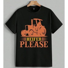 Traktor Surucu Heifer Please Baskılı Unisex Erkek Kadın Oversize Tişört Siyah