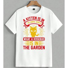 Kedi Sarisi Rosebud Bahce Unisex Oversize Tişört Beyaz
