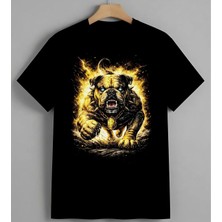 Ates Kopek Gucu Bulldog Altin Baskılı Unisex Erkek Kadın Oversize Tişört Siyah