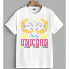 Baby Unicorn Pembe Ay Cocuk Unisex Oversize Tişört Beyaz