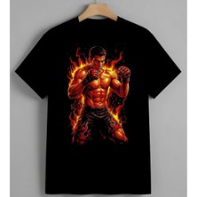 Ates Superhero Bokscu Yanan Baskılı Unisex Erkek Kadın Oversize Tişört Siyah