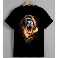 Mandrill Hayvan Renkli Splash Unisex Erkek Kadın Oversize Tişört Siyah
