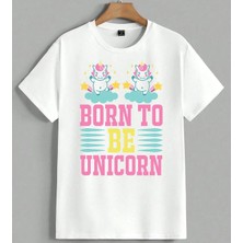 Born To Be Unicorn Pembe Unisex Oversize Tişört Beyaz