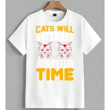 Cats Will Time Kedi Unisex Oversize Tişört Beyaz