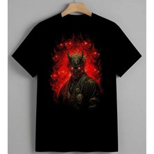 Seytan Kafasi Kizil Demon Baskılı Unisex Erkek Kadın Oversize Tişört Siyah