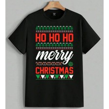 Noel Kartpostal Ho Ho Ho Baskılı Unisex Erkek Kadın Oversize Tişört Siyah