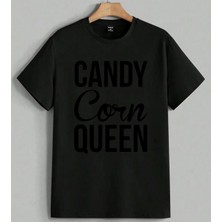 Candy Corn Queen Baski Tasarim Baskılı Unisex Erkek Kadın Oversize Tişört Siyah