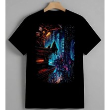 Neon Sehir Cyberpunk Sanat 2 Unisex Erkek Kadın Oversize Tişört Siyah