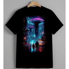 Neon Uzayli Bilim Kurgu Unisex Erkek Kadın Oversize Tişört Siyah